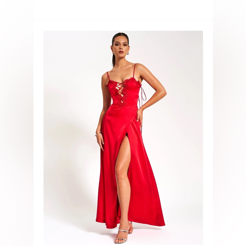 Stunning Red Lace-Up Maxi Dress